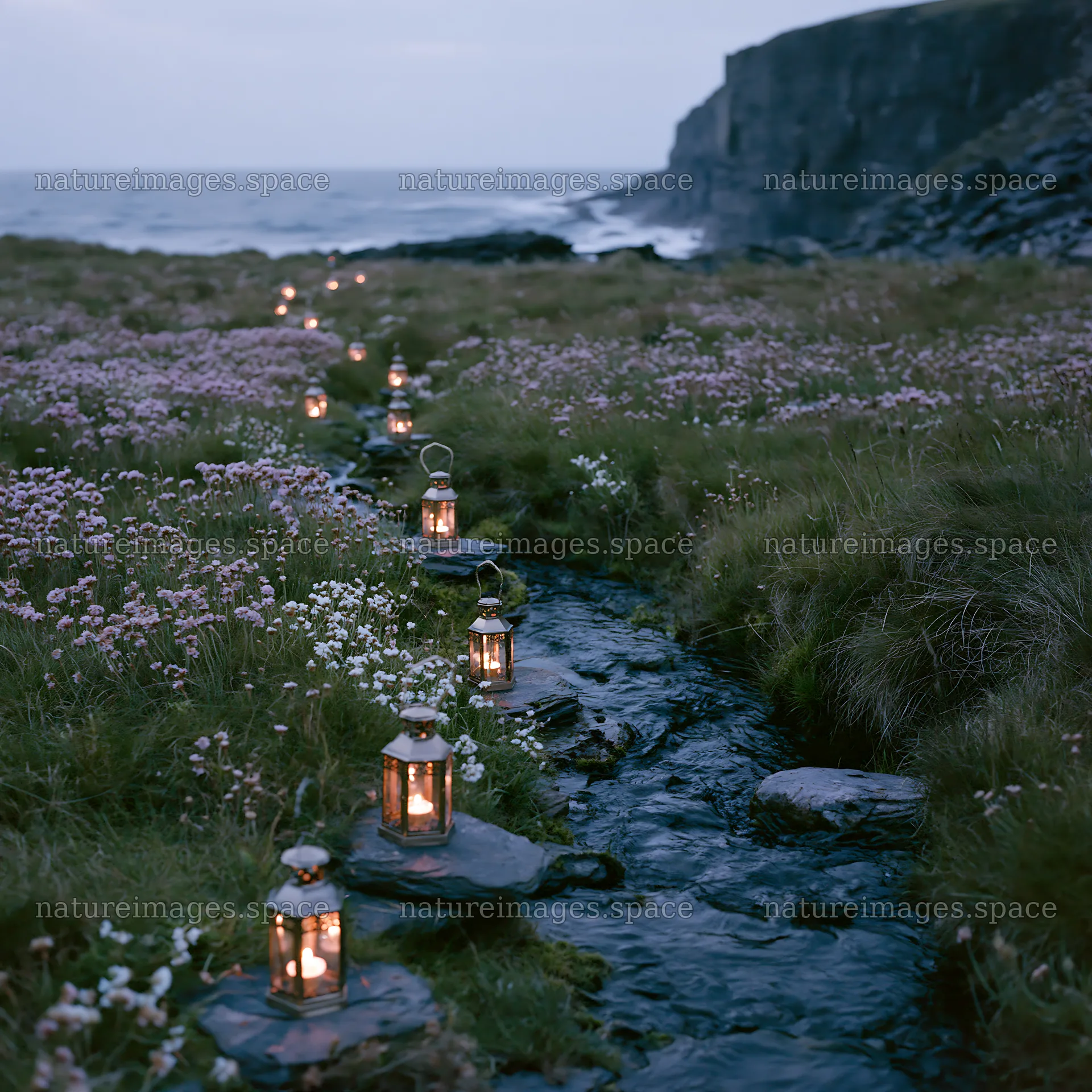 Christmas lanterns beside stream in meadow at dusk – nature images 7938x7938