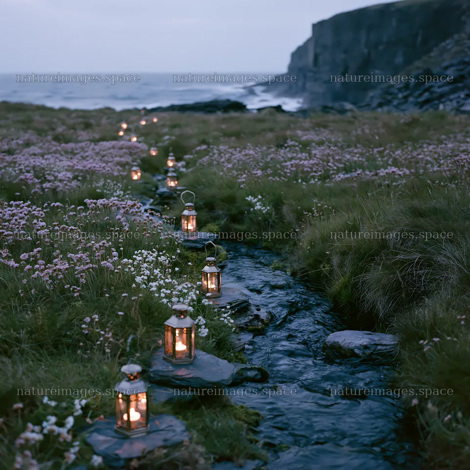 Christmas lanterns beside stream in meadow at dusk – nature images 7938x7938