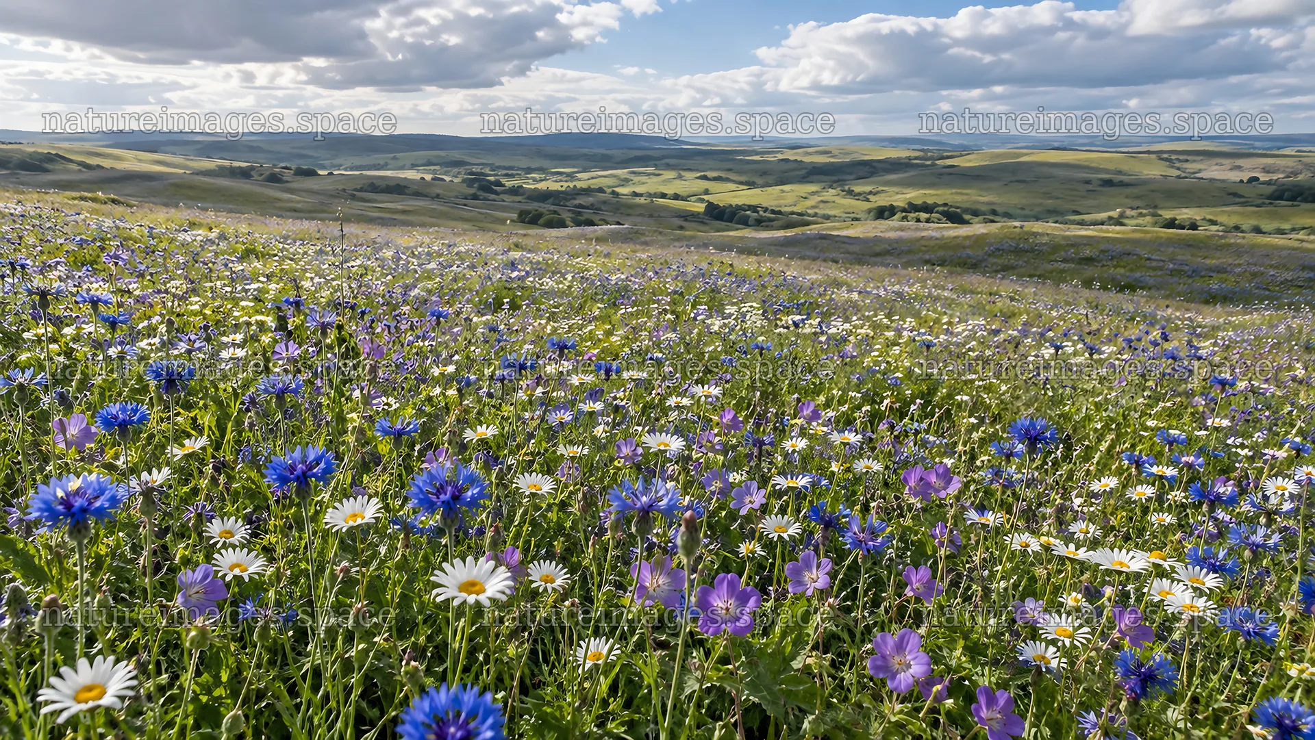 Sunlit Wildflower Meadow and Rolling Hills – nature images 10324x5812