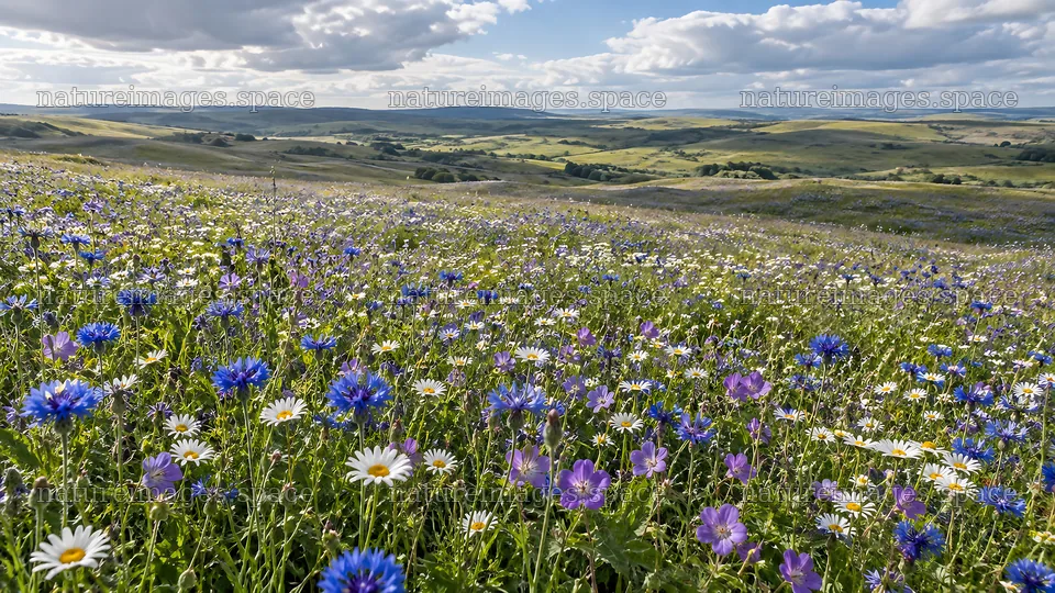 Sunlit Wildflower Meadow and Rolling Hills – nature images 10324x5812