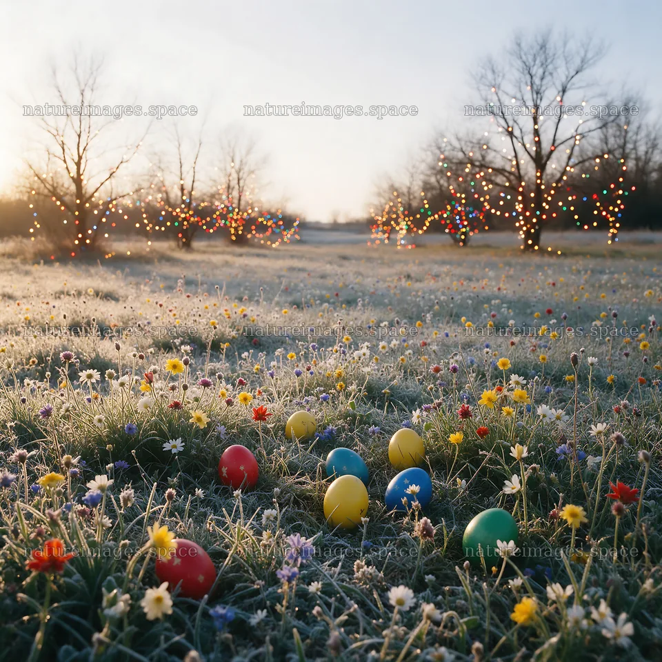 Vibrant Christmas lights across winter meadow with flowers – nature images 7938x7938