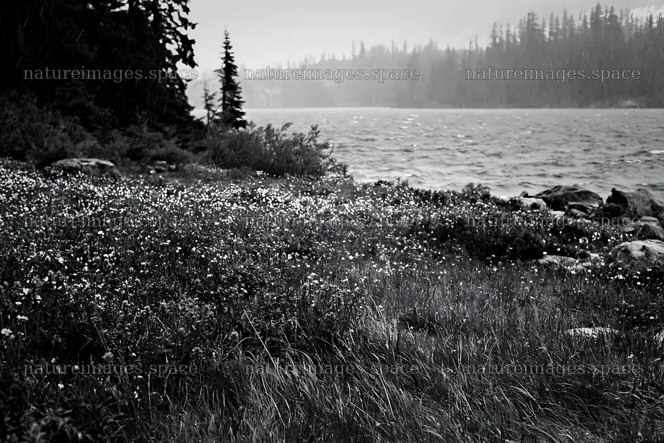 Snowy lakeside meadow with flowers and rocky shore – nature images 9722x6480