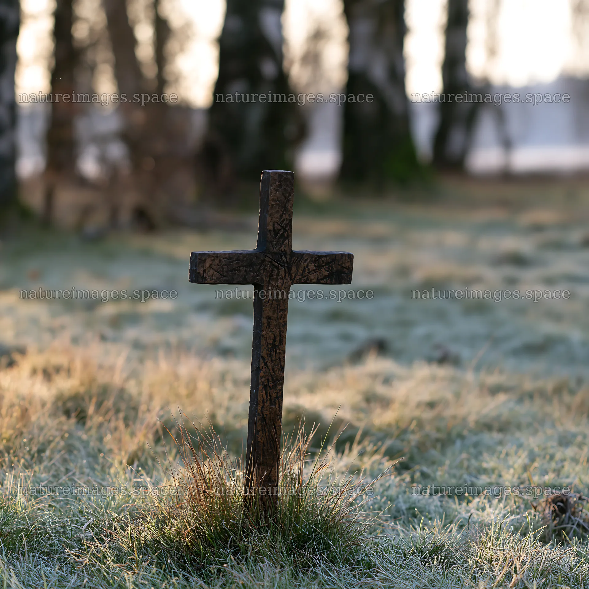 Bronze Christian cross stands in frosty meadow during Christmas – nature images 7938x7938