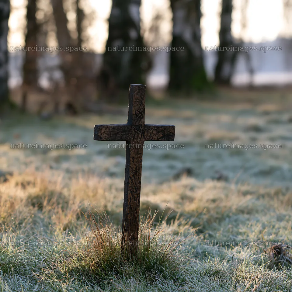 Bronze Christian cross stands in frosty meadow during Christmas – nature images 7938x7938