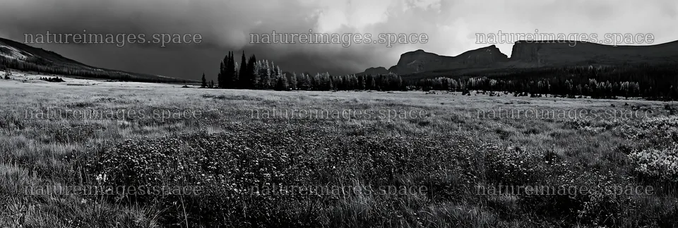 Autumn meadow with distant mountains under dark clouds – nature images 13690x4602