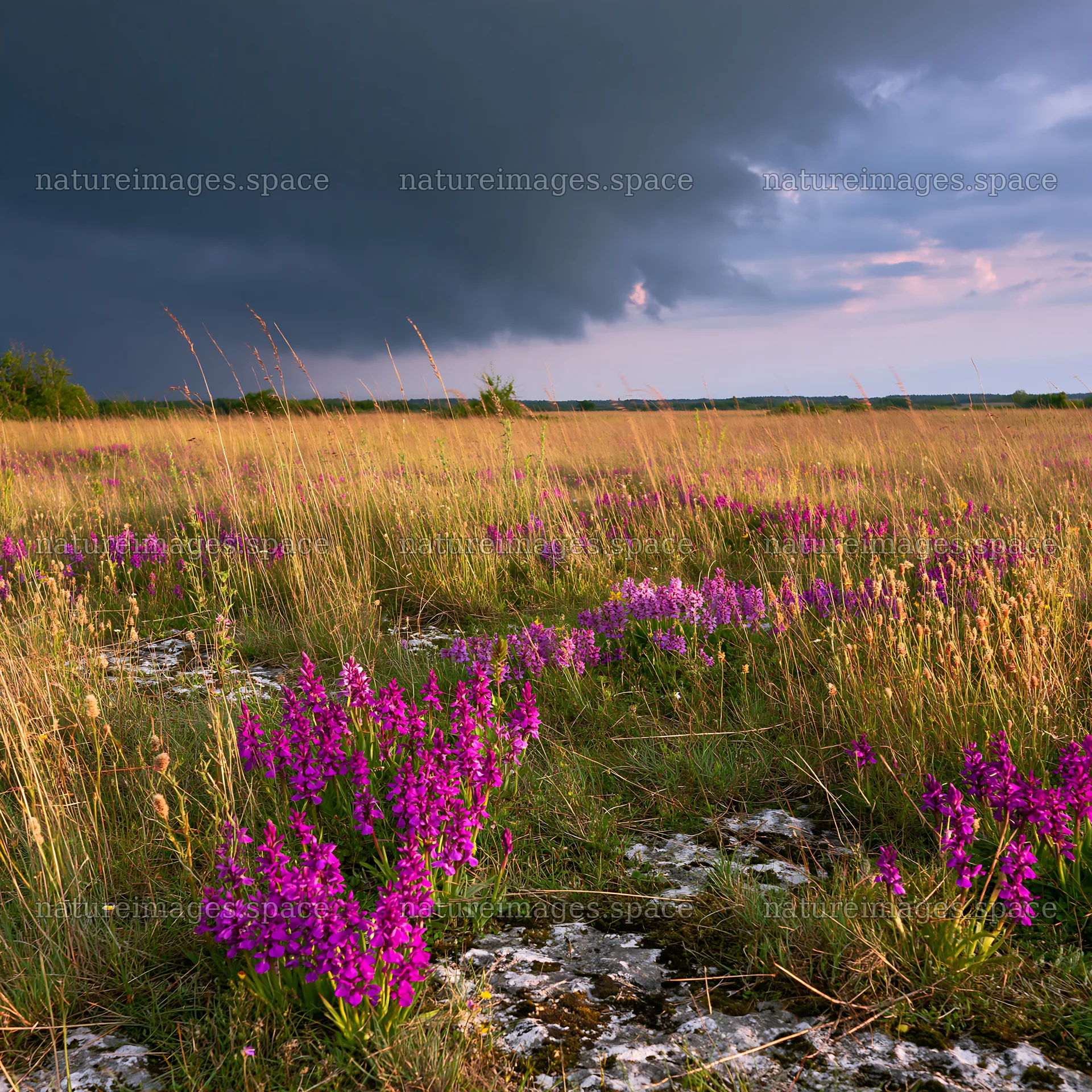 Colorful orchid meadow under a cloudy sky – nature images 7938x7938