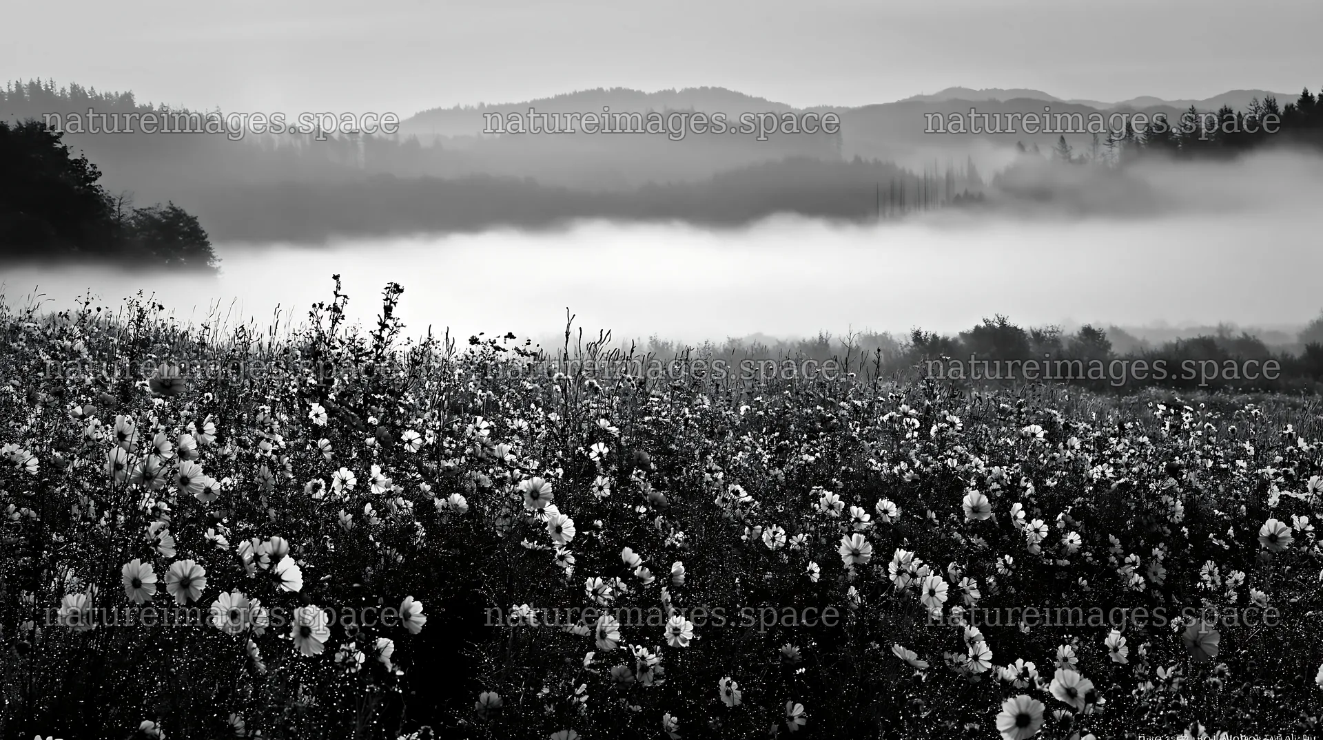 Vast meadow filled with flowers under a misty sky – nature images 10608x5938
