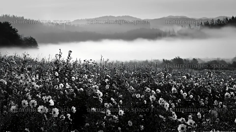 Vast meadow filled with flowers under a misty sky – nature images 10608x5938