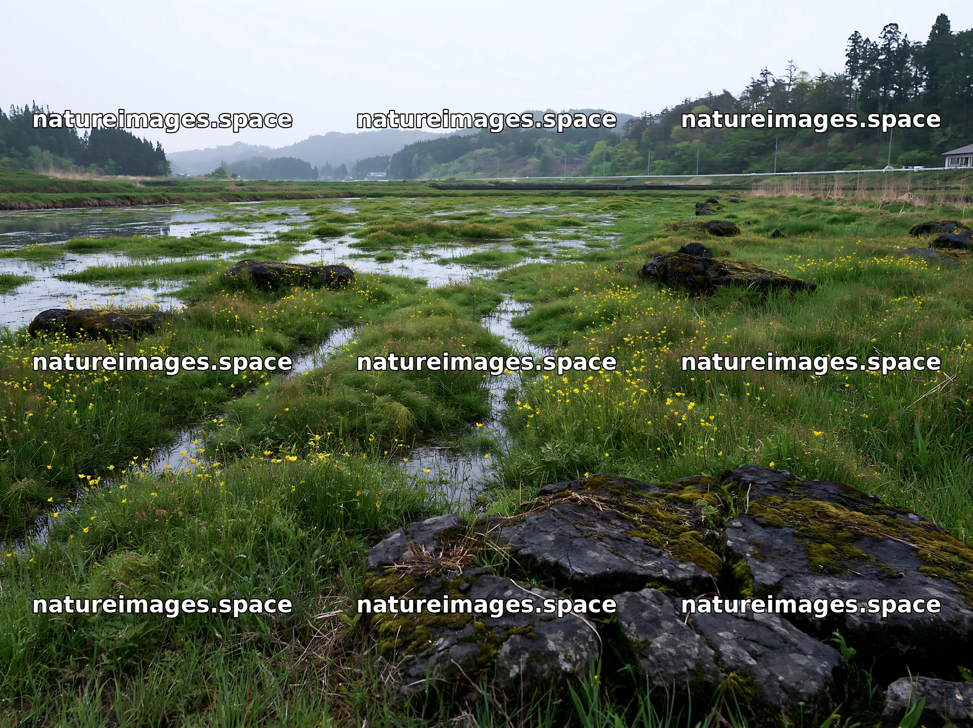 Miyagi spring recovery meadow mossy stone in wetland area – nature images 9174x6866