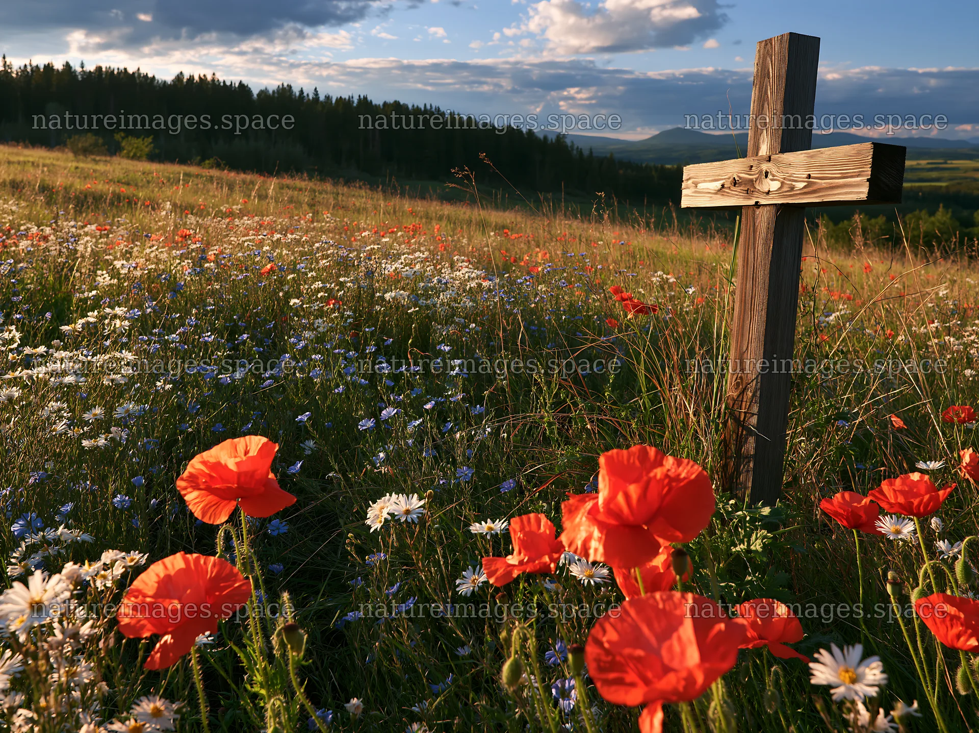 Wooden Christian cross in a meadow with flowers – nature images 9174x6866
