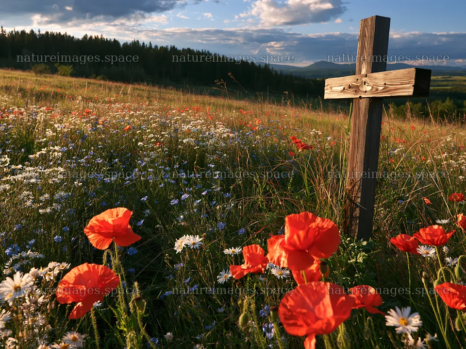 Wooden Christian cross in a meadow with flowers – nature images 9174x6866