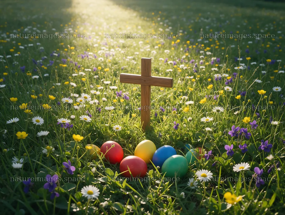 Christian cross in meadow with colorful eggs and light rays – nature images 9134x6898
