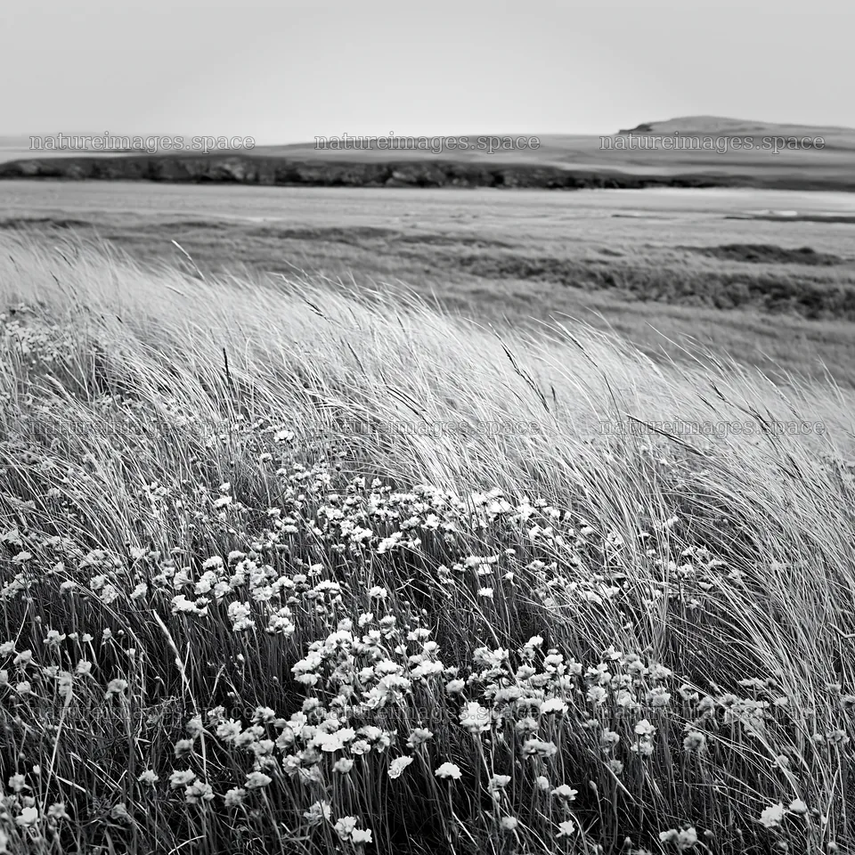 Meadow with wildflowers in a black and white landscape – nature images 7938x7938