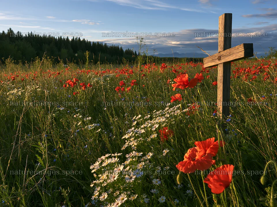 Wooden Christian cross in a meadow with flowers at sunset – nature images 9174x6866