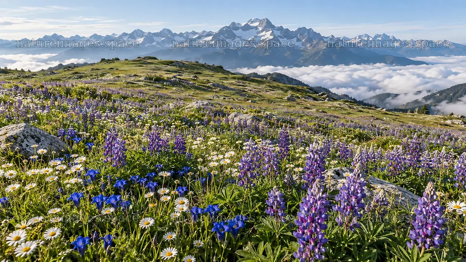 Alpine Wildflower Meadow Below Snowy Peaks – nature images 10324x5812