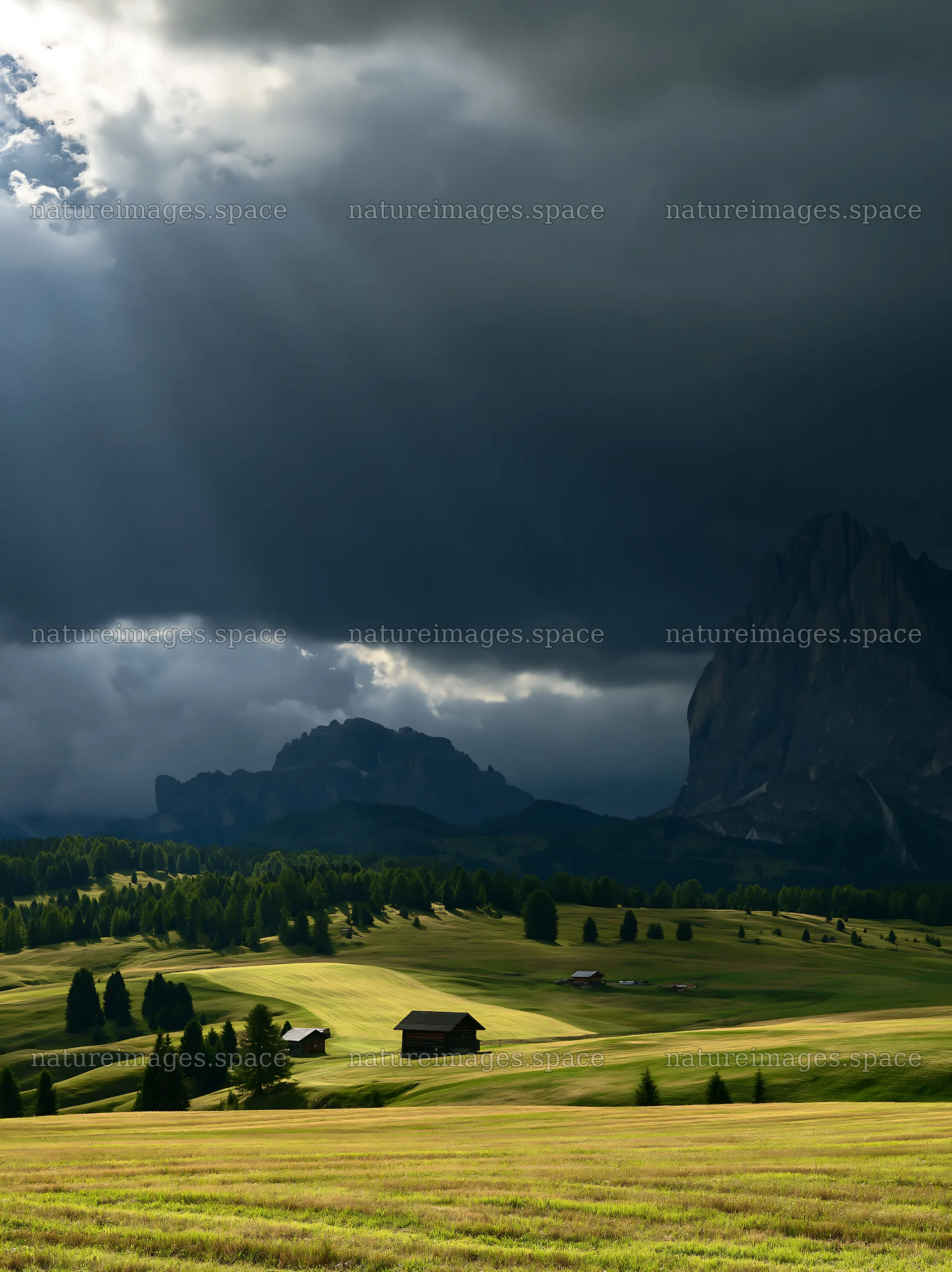 Alpe di Siusi meadow sunbeams break through dark clouds – nature images 6866x9174