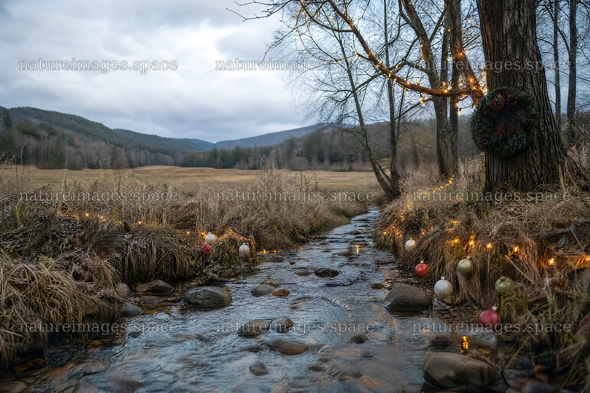 Christmas ornaments placed along stream in meadow – nature images 9722x6480