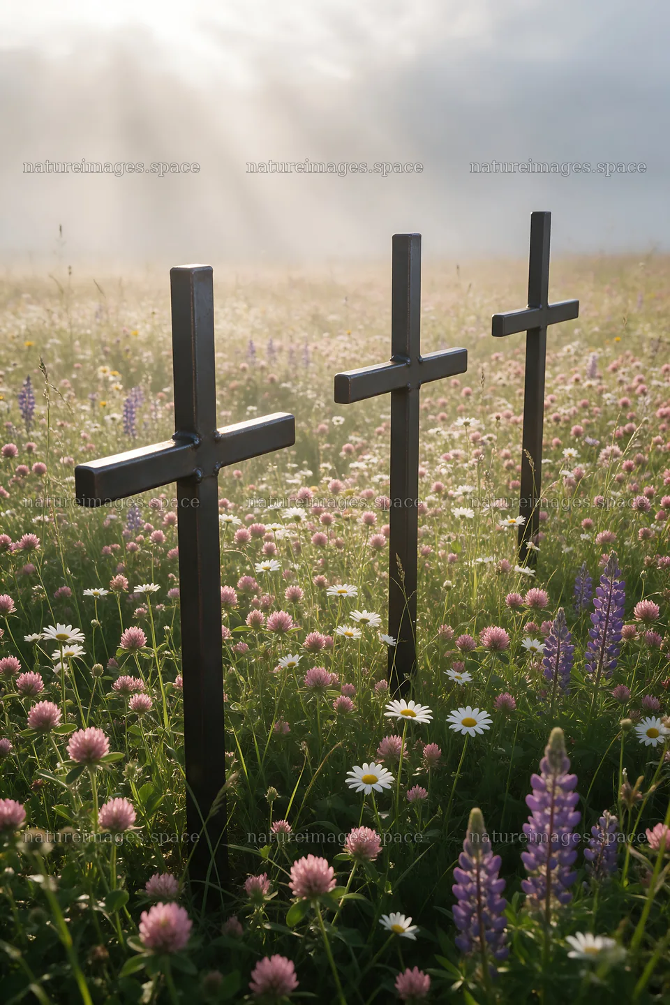 Christian crosses in a meadow with sunlight in the background – nature images 6480x9722
