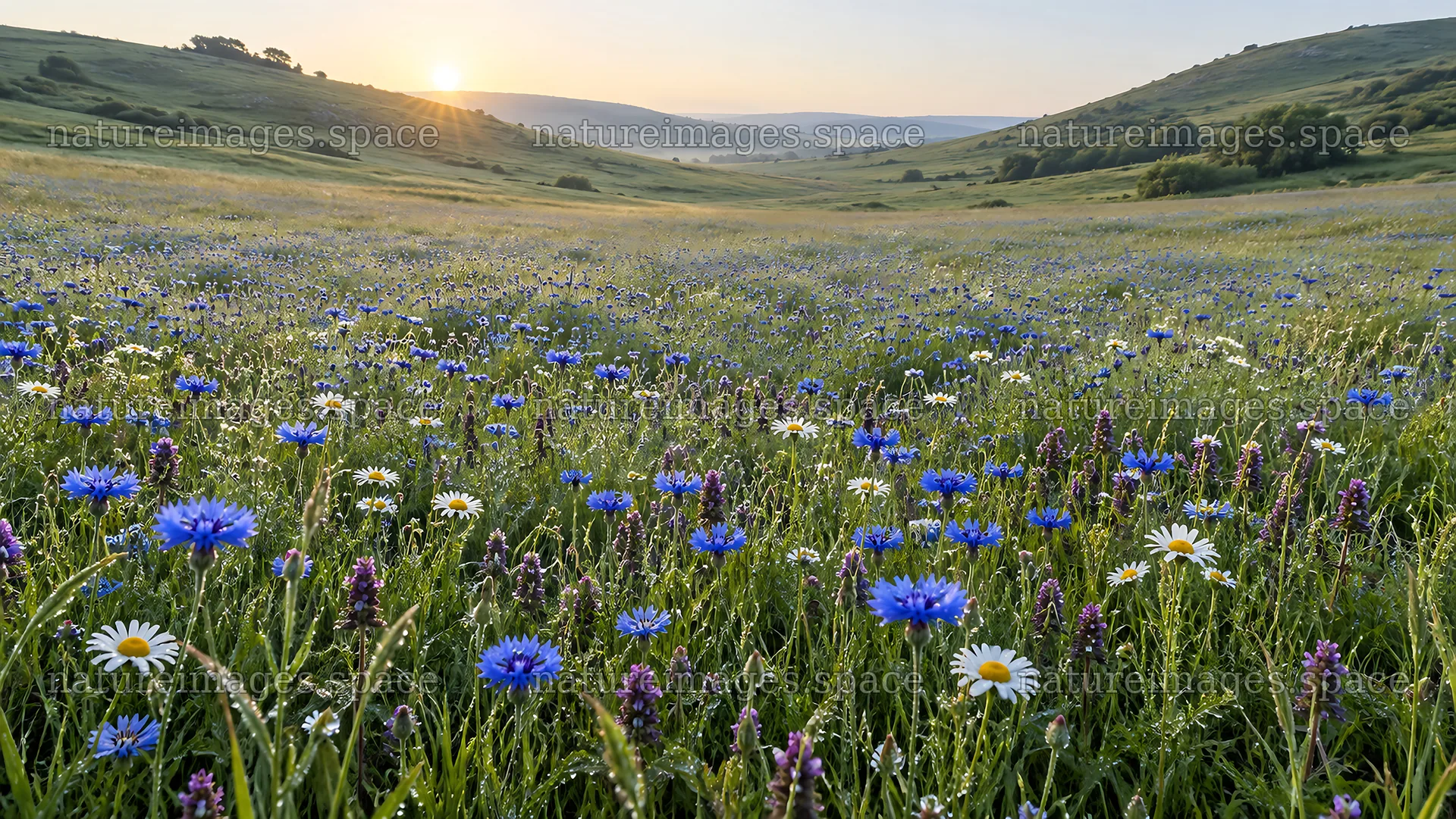 Wildflower Meadow Across Rolling Hills at Sunset – nature images 10324x5812