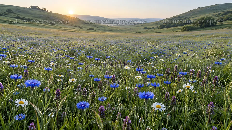 Wildflower Meadow Across Rolling Hills at Sunset – nature images 10324x5812