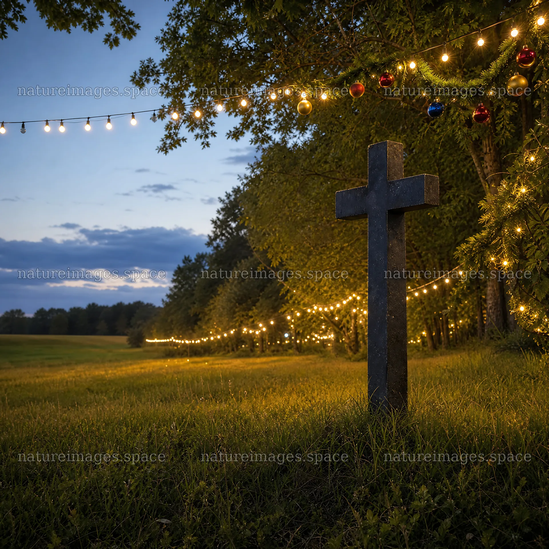 Dark Christian cross in summer meadow with lights – nature images 7938x7938