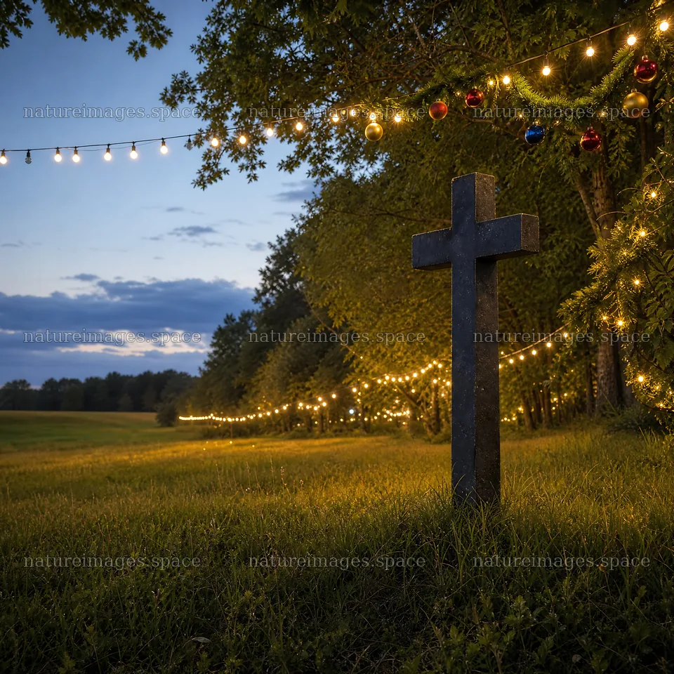 Dark Christian cross in summer meadow with lights – nature images 7938x7938