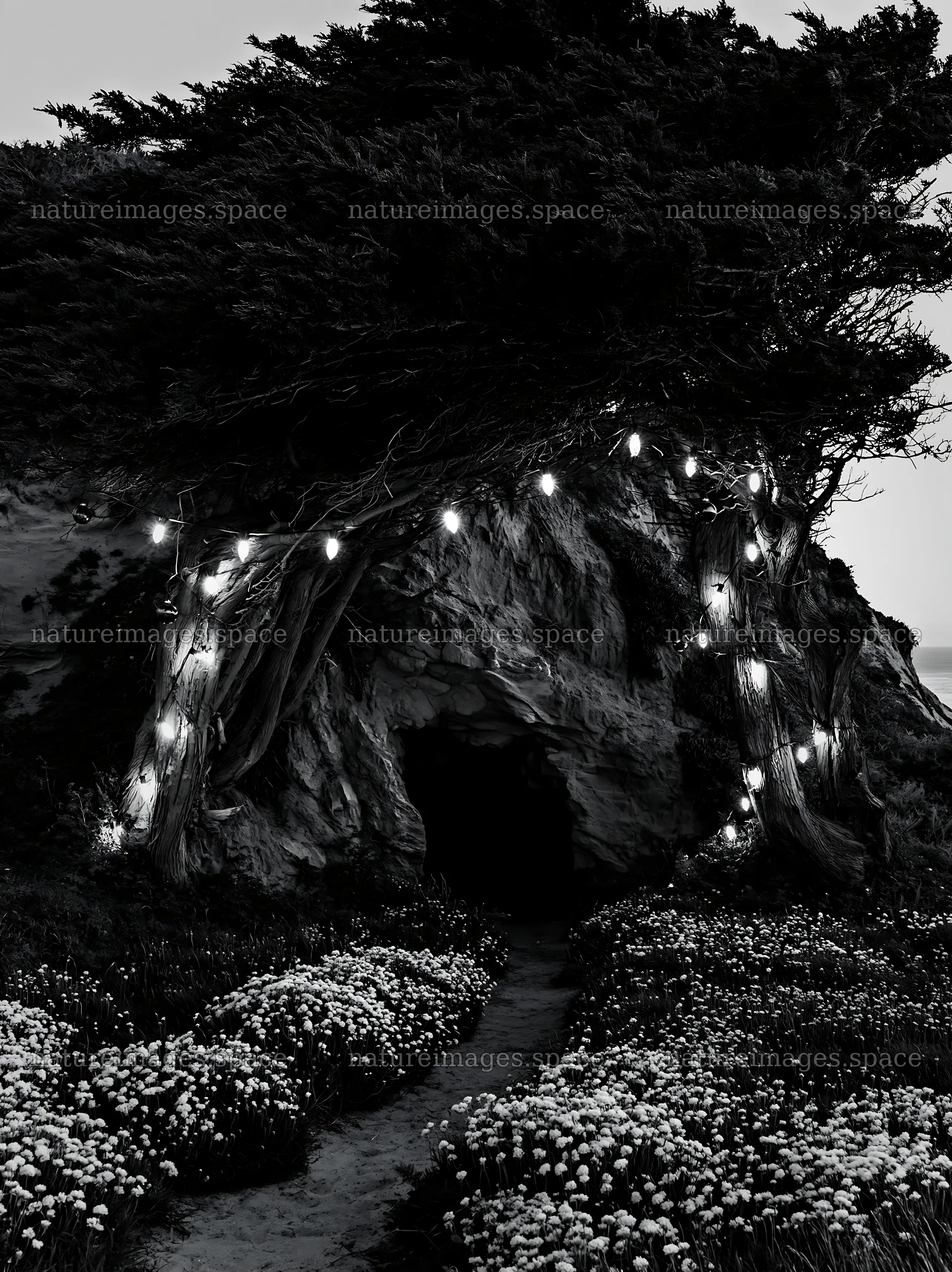 Christmas lights near cave in meadow – nature images 6866x9174
