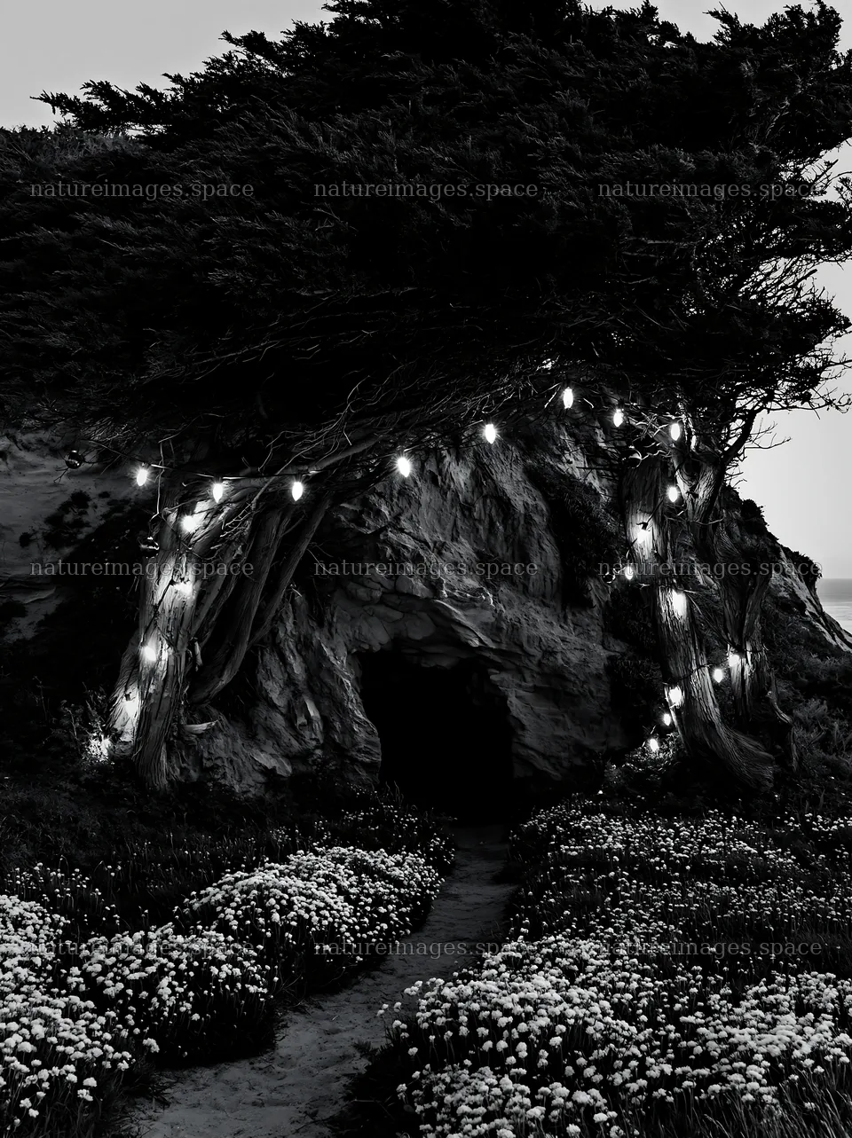 Christmas lights near cave in meadow – nature images 6866x9174