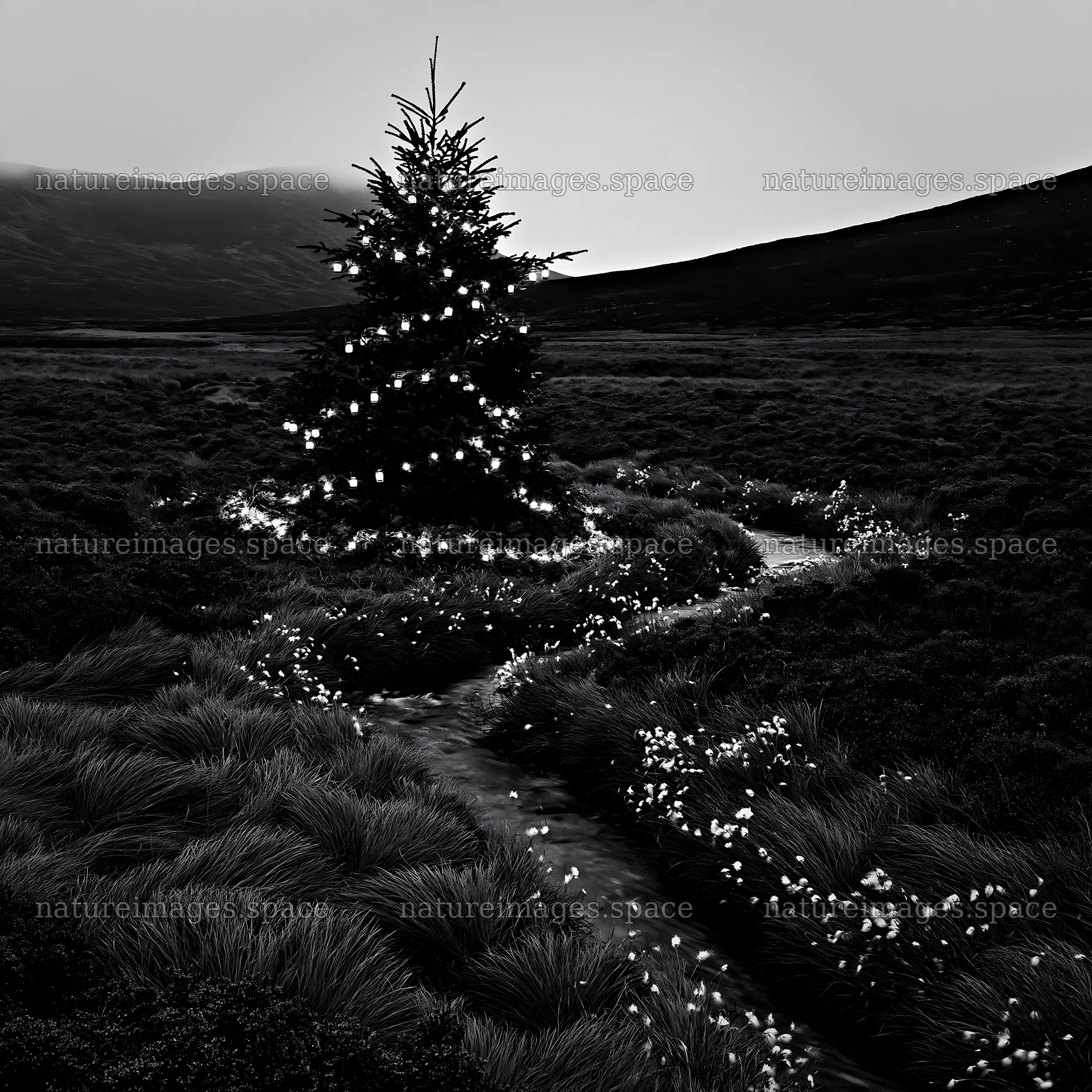 Christmas tree beside stream in meadow – nature images 7938x7938