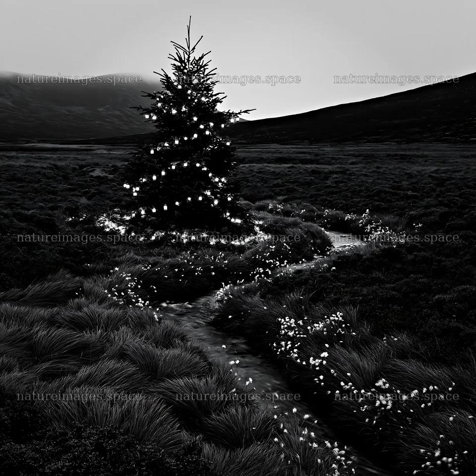 Christmas tree beside stream in meadow – nature images 7938x7938