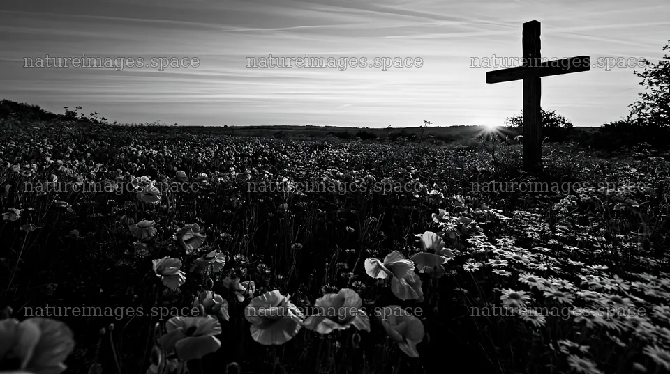 Christian cross in meadow at sunrise – nature images 10608x5938