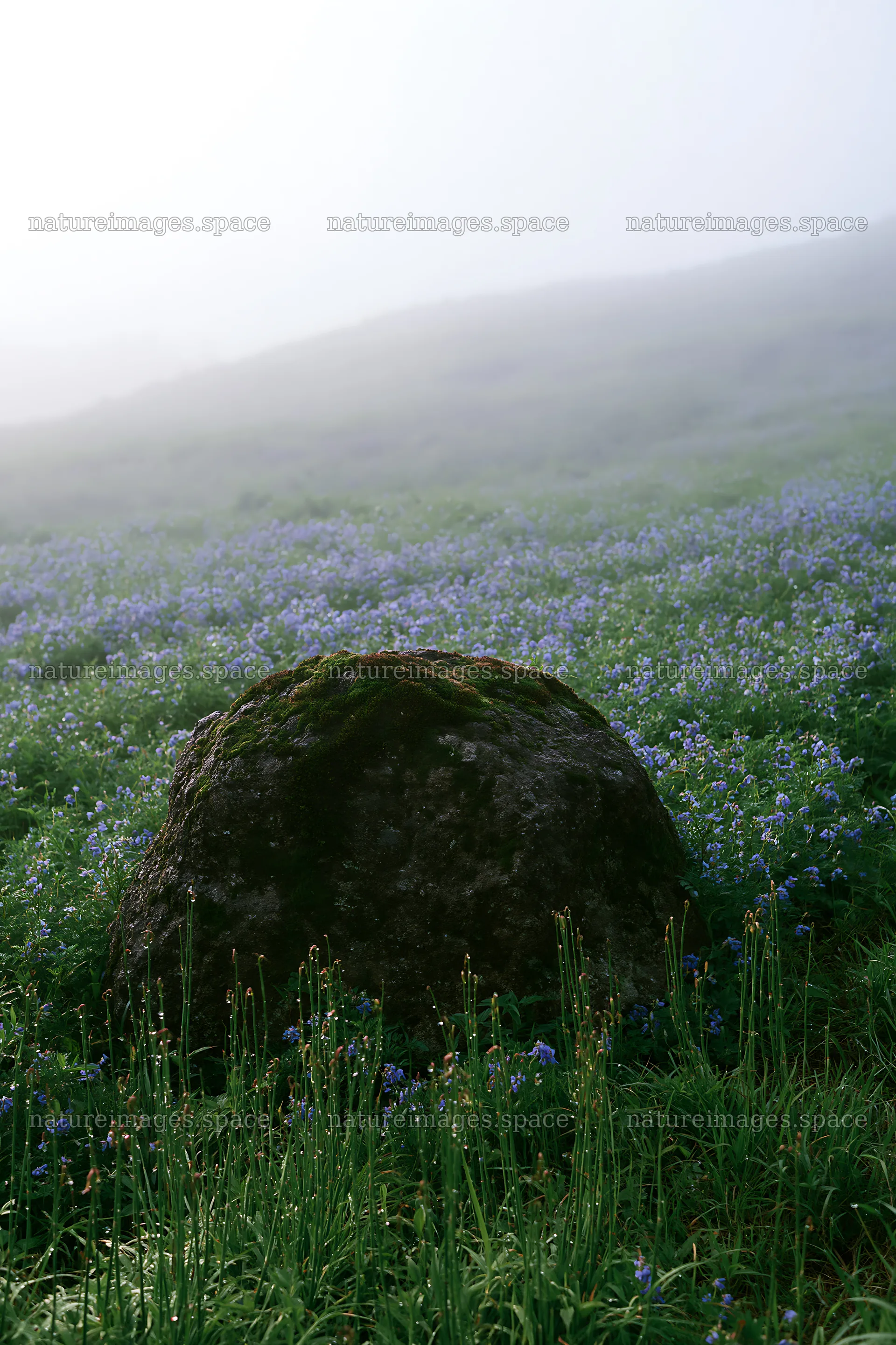 Misty meadow with moss covered stone in Shimane – nature images 6480x9722