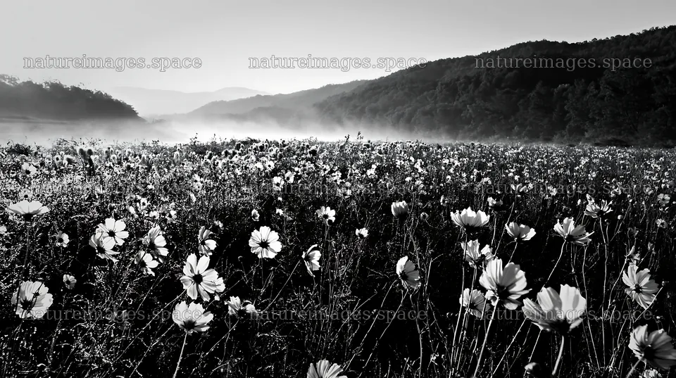 Colorful cosmos meadow in early morning light – nature images 10608x5938