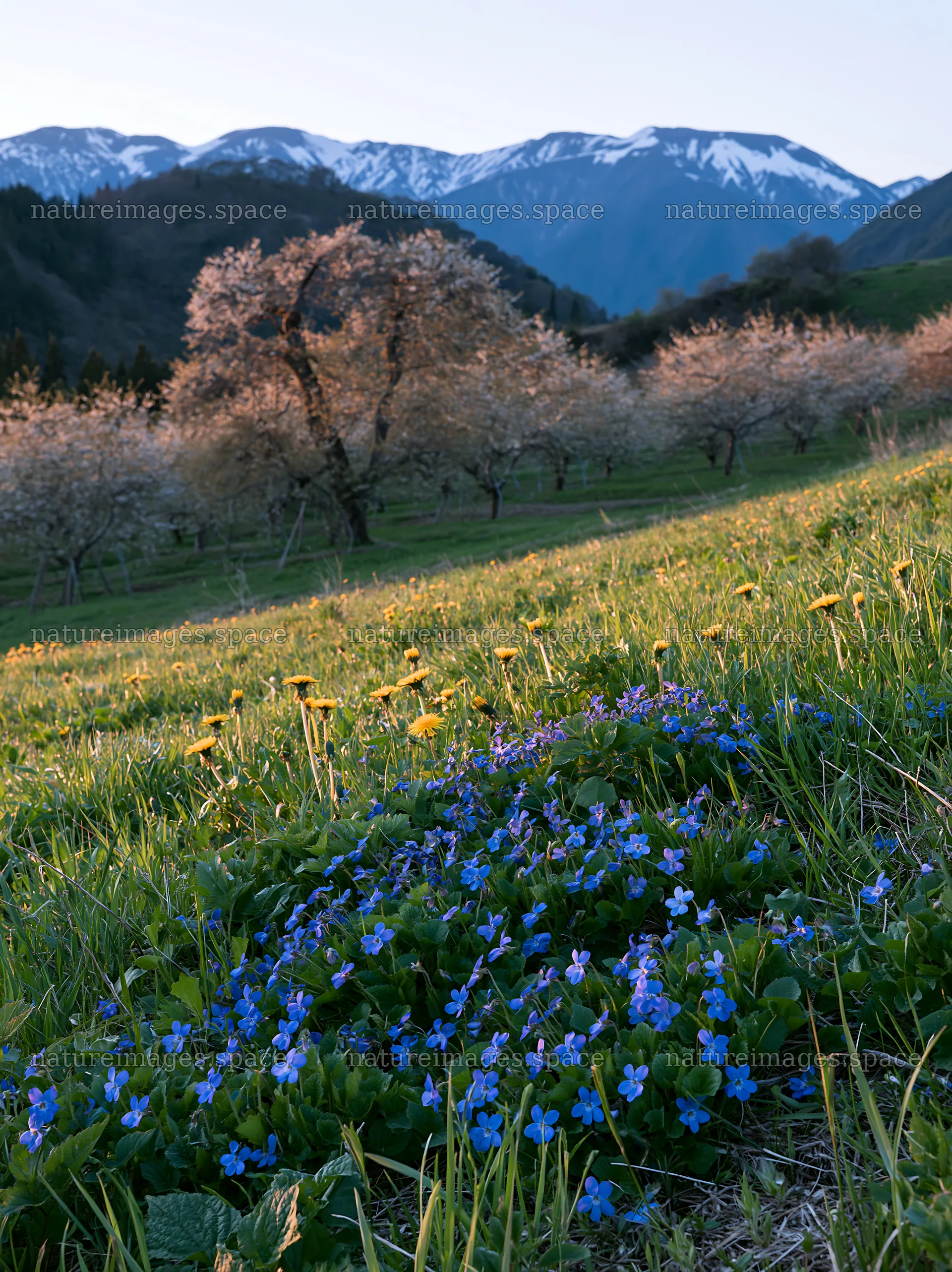 Spring orchard meadow with blossoms and mountains in background – nature images 6866x9174