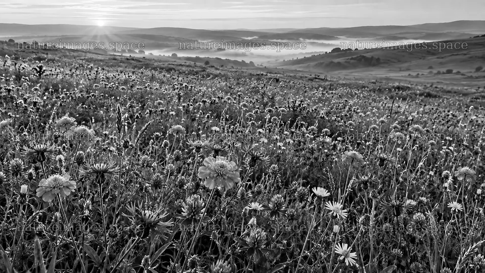Monochrome Wildflower Meadow at Sunrise – nature images 10324x5812