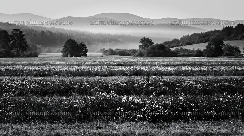 Hungarian meadow along wooded valley in black and white – nature images 10608x5938