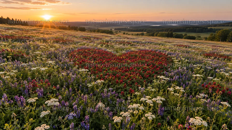 Heart-Shaped Red Flowers in a Sunset Meadow – nature images 10324x5812