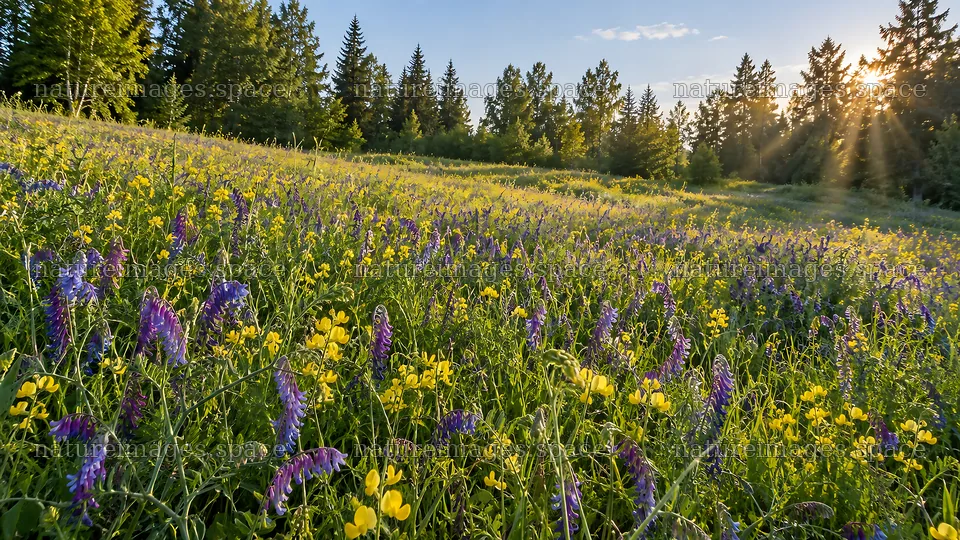 Sunbeams over a forest wildflower clearing – nature images 10324x5812