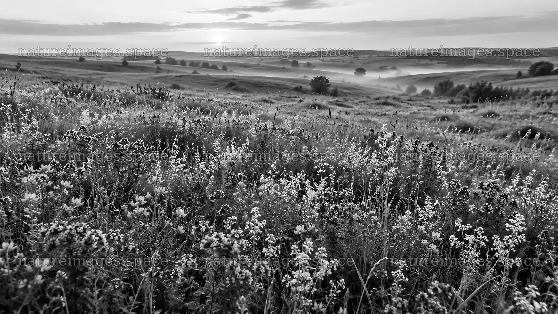 Monochrome Wildflower Meadow in Morning Mist – nature images 10324x5812
