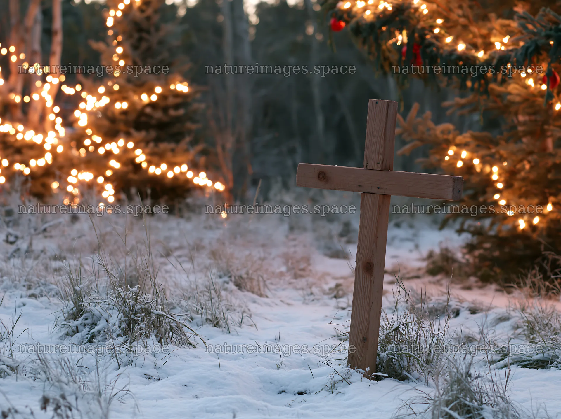 Christian cross in snowy meadow with lights – nature images 9174x6866