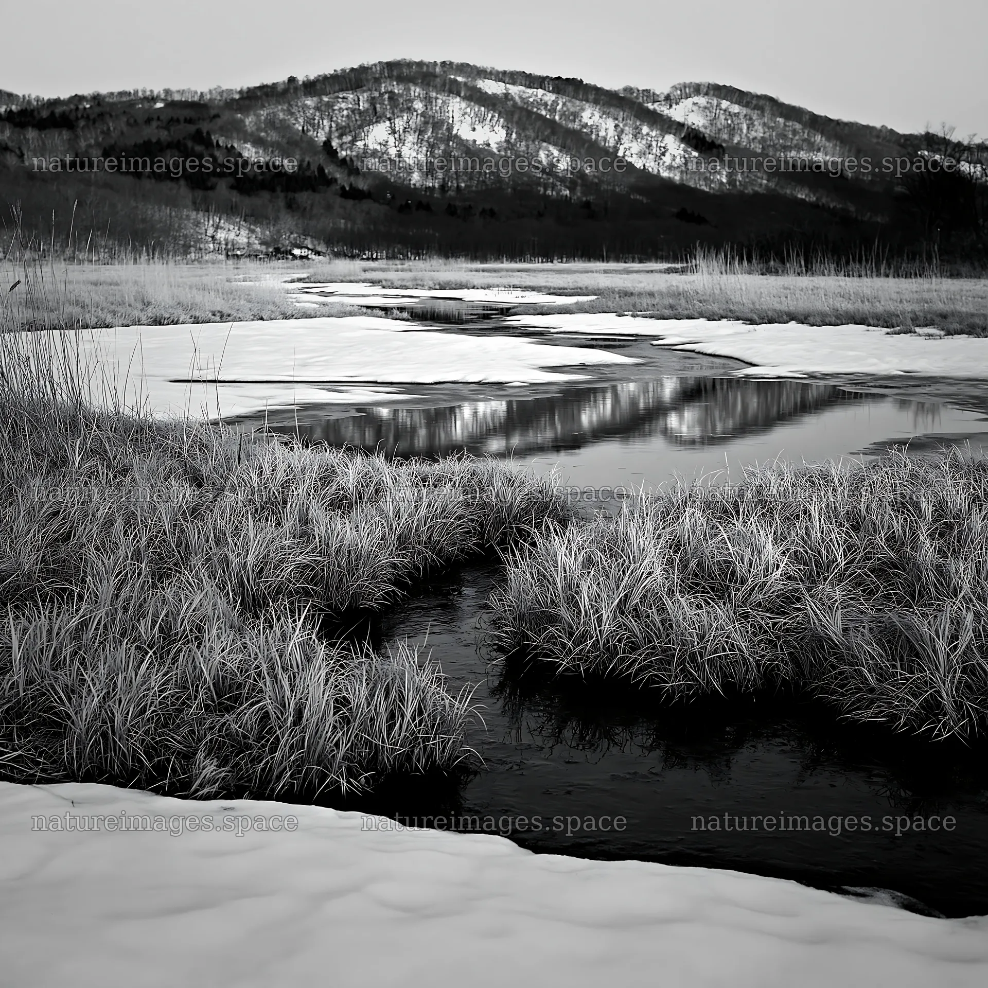 Akita snowmelt meadow with silver grasses and stream – nature images 7938x7938