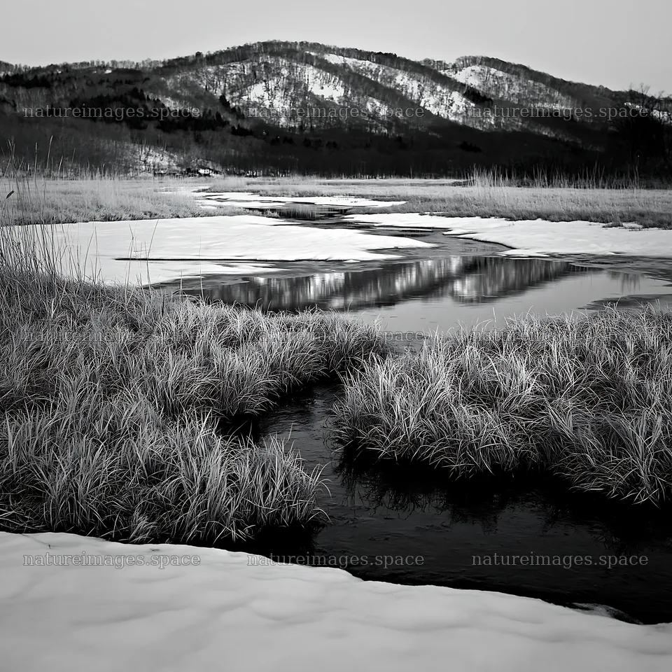 Akita snowmelt meadow with silver grasses and stream – nature images 7938x7938