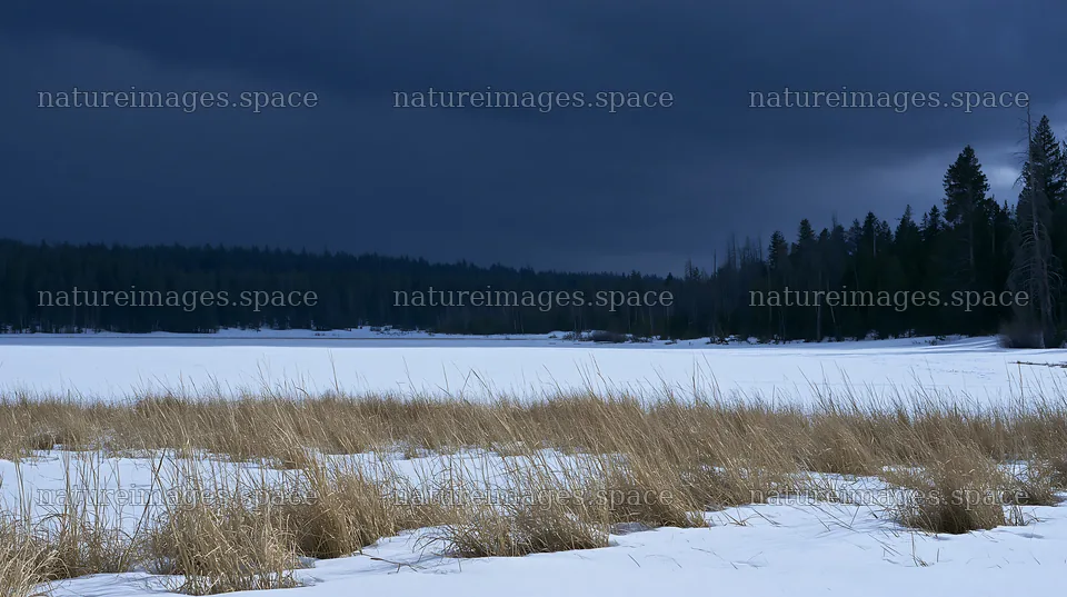 Snowbound meadow with frozen lake and dark clouds – nature images 10608x5938
