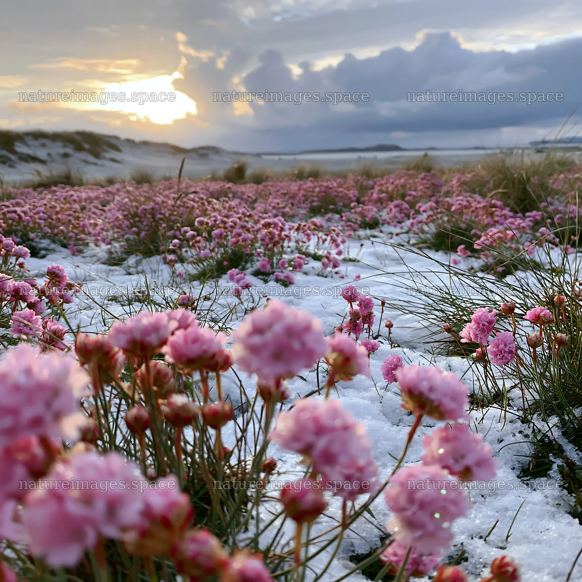 Dune meadow snow with pink flowers and sunset – nature images 7938x7938