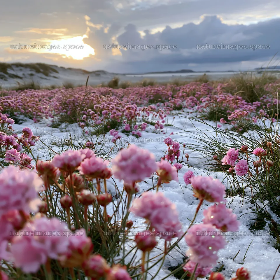 Dune meadow snow with pink flowers and sunset – nature images 7938x7938