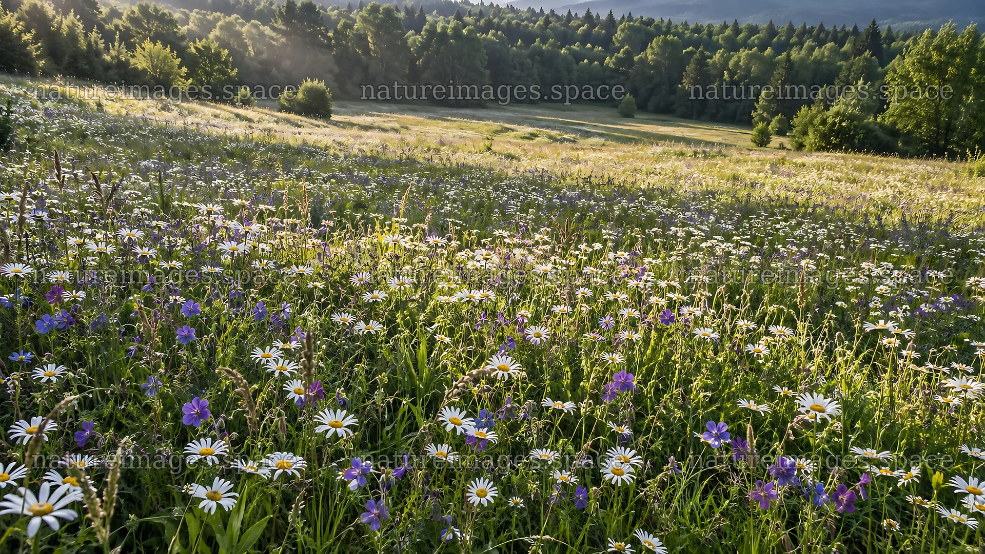 Sunbeams over a Flower-Filled Forest Clearing – nature images 10324x5812