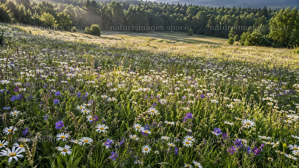 Sunbeams over a Flower-Filled Forest Clearing – nature images 10324x5812