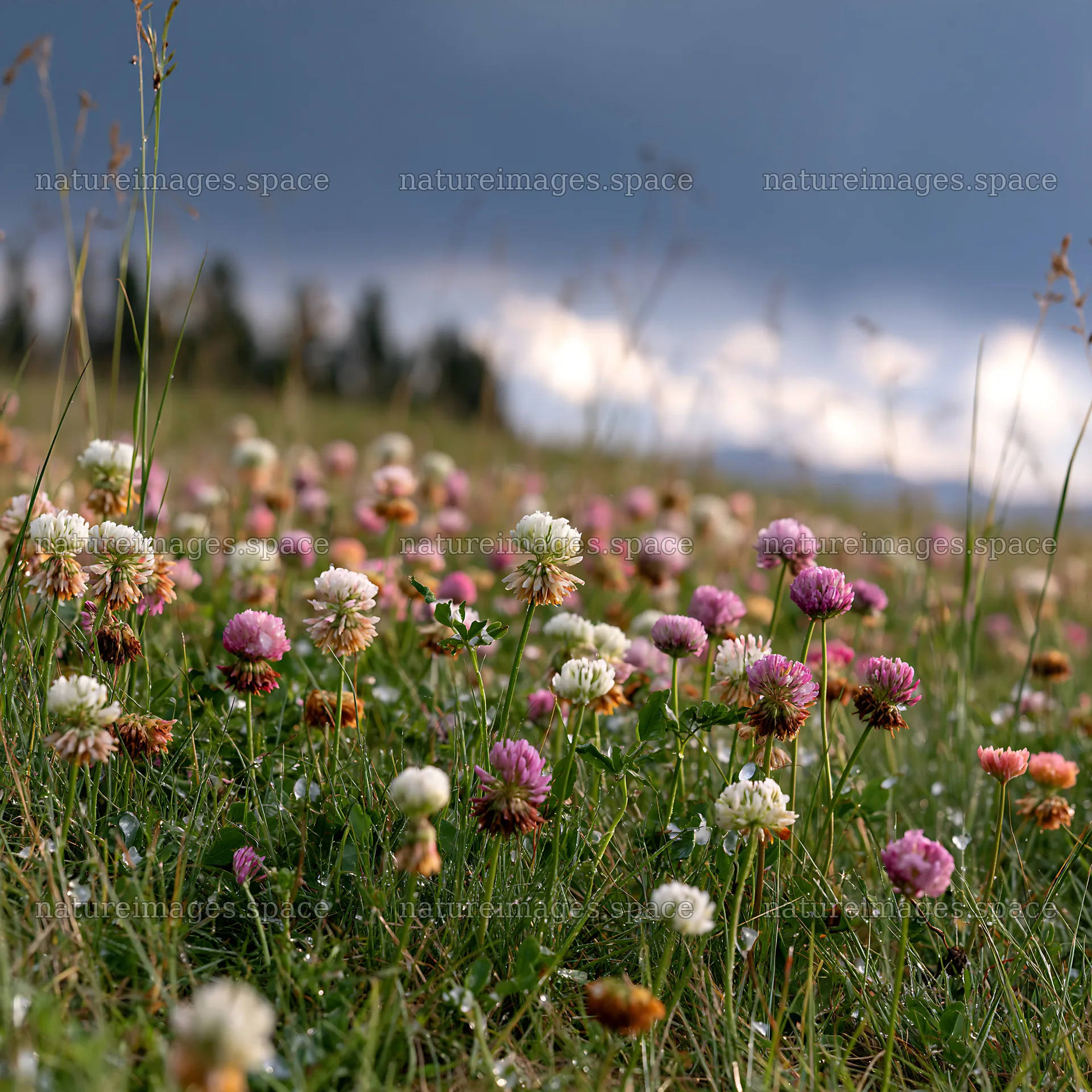 Colorful clover meadow with various flowers under a gray sky – nature images 7938x7938