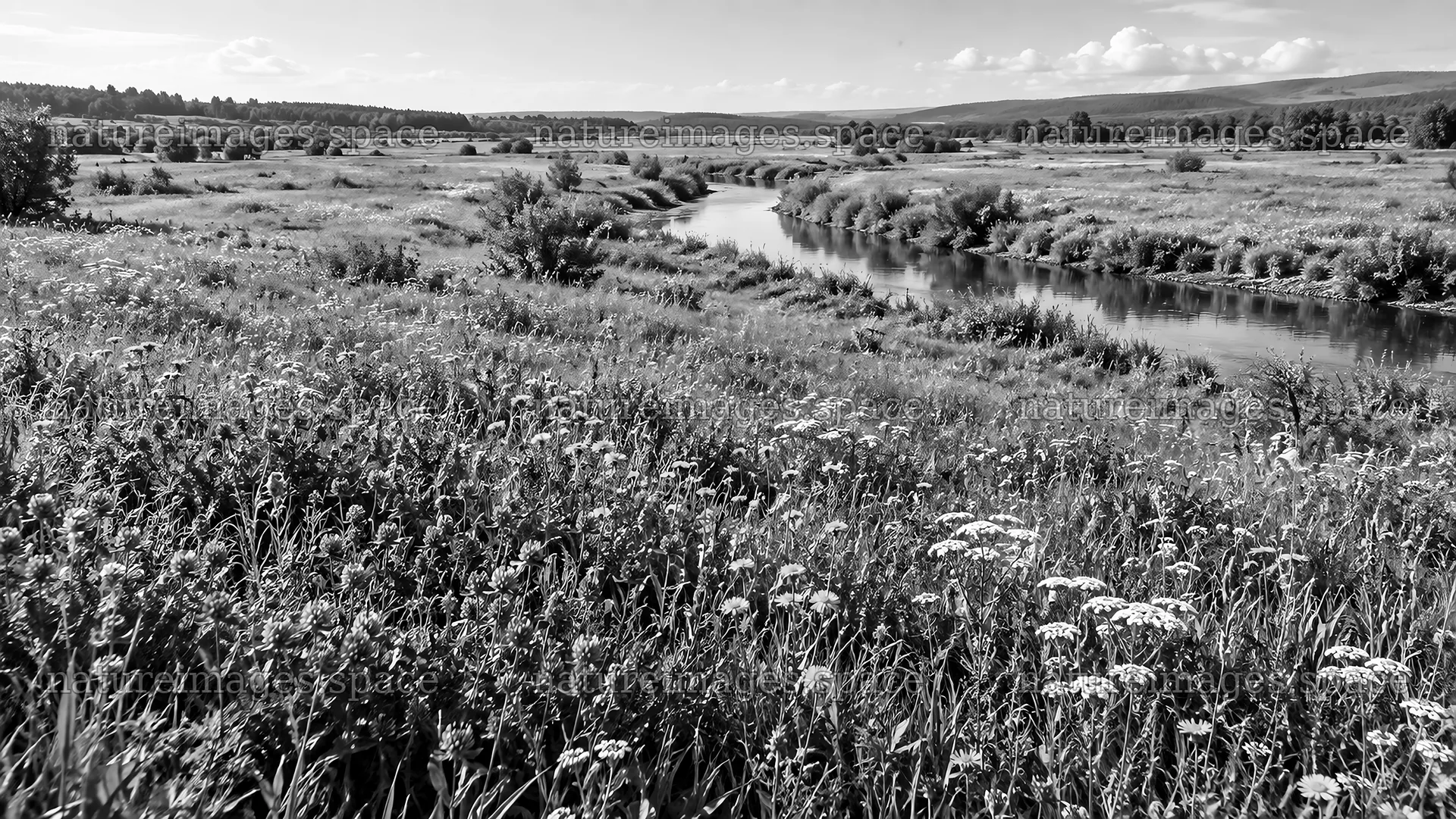 Black and White River Through a Wildflower Meadow – nature images 10324x5812