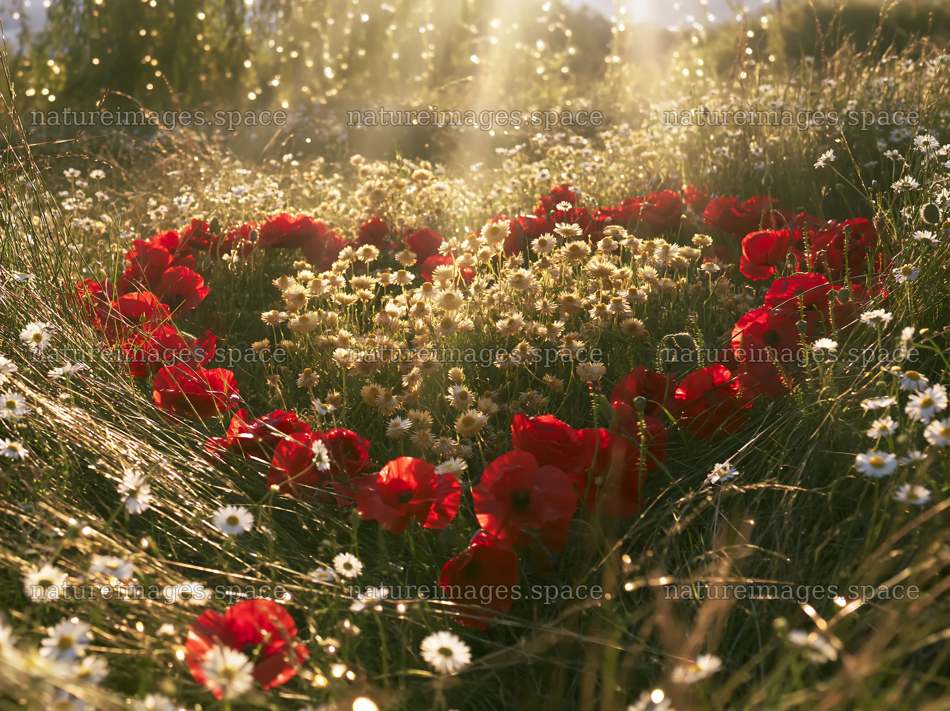 Meadow with Christmas lights and sunbeams shining through clouds – nature images 9174x6866